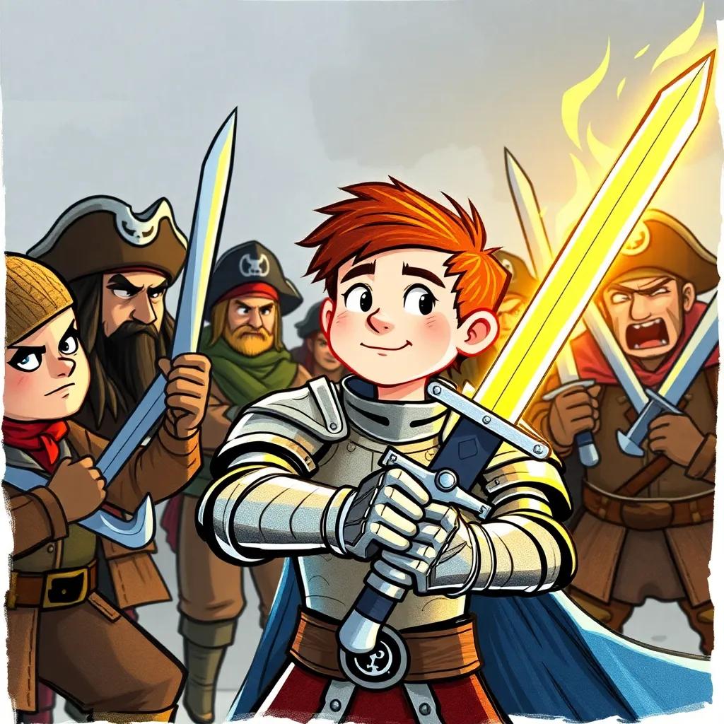 Jonathan, the brave knight, with short brown hair in shining armor, facing a group of pirate villains with swords and hats, the scene filled with excitement and tension as Jonathan's sword glows brightly, illustration, dynamic, adventure-themed, child-friendly
