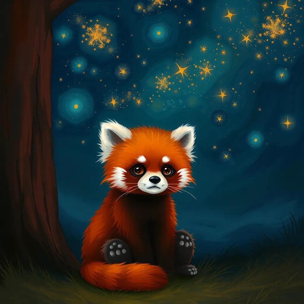 A red panda named Jonny, with fluffy fur, wide eyes, and a twitching tail, looking worried under a darkening sky filled with stars, sitting by a tall tree, digital art, warm colors, inviting atmosphere