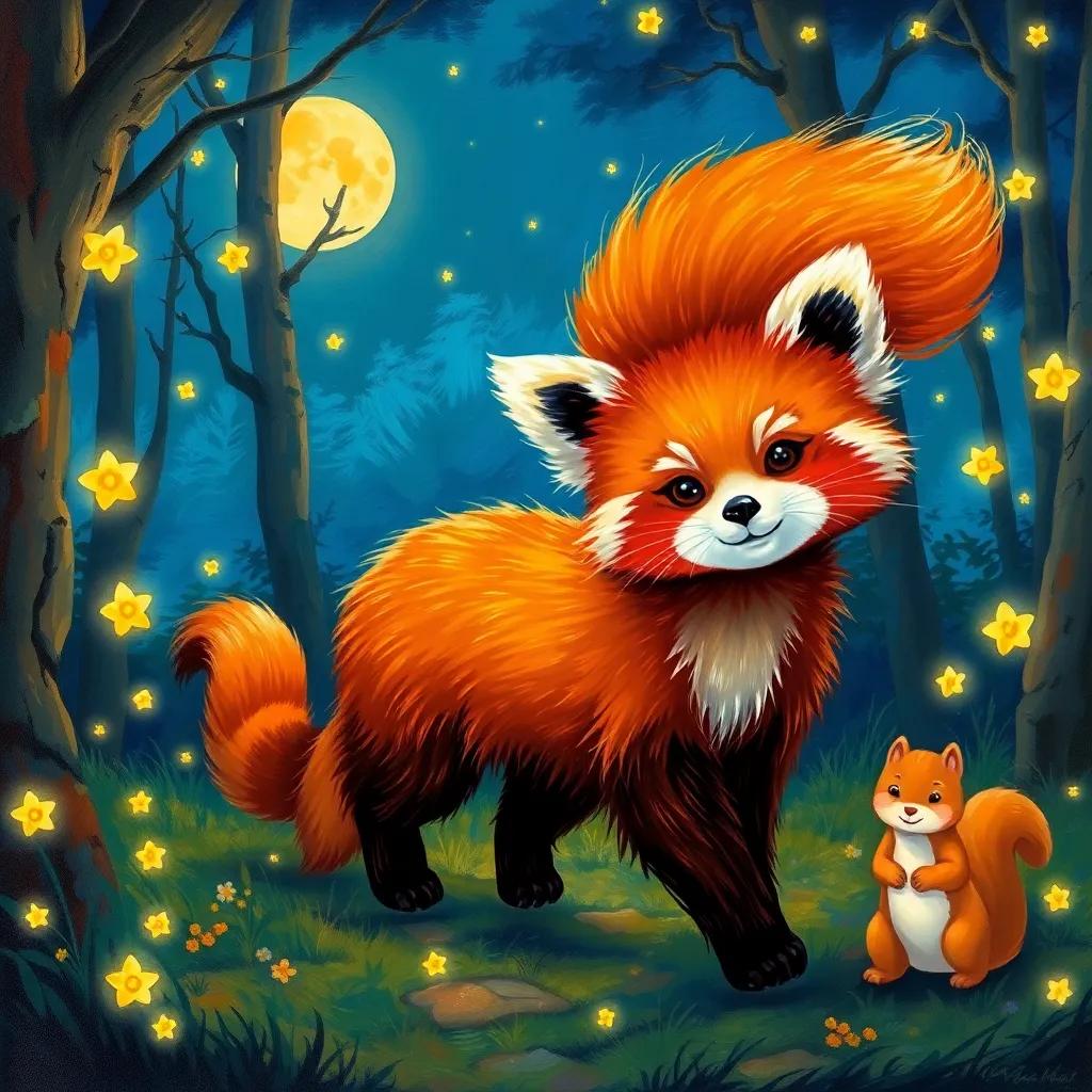 Jonny the red panda, looking brave with his fluffy tail held high, walking through a moonlit forest with glowing fireflies around him, with a cheerful squirrel, Mimi, by his side, illustration, vibrant colors, magical night scene