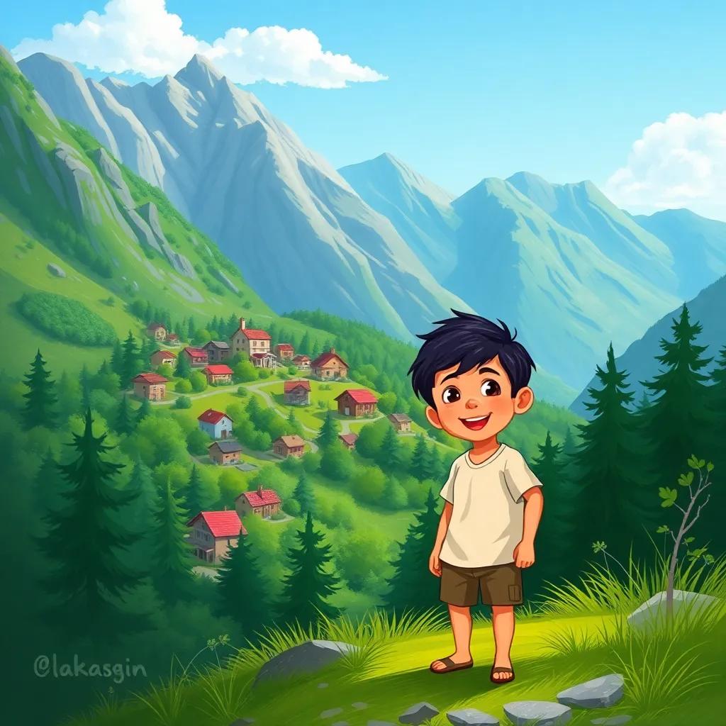 A small village surrounded by mountains, with lush green forests and a clear blue sky. Jorge, a young boy with dark hair, wearing a simple shirt and shorts, exploring the woods with a joyful expression, digital art, vibrant colors, peaceful scenery, child-friendly