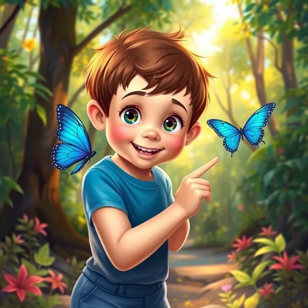 A curious boy, Leo, with bright eyes and short hair, wearing a blue t-shirt and shorts, excitedly pointing at a dazzling blue butterfly in a vibrant forest, digital art, colorful and lively, warm sunlight filtering through the trees, child-friendly, high quality