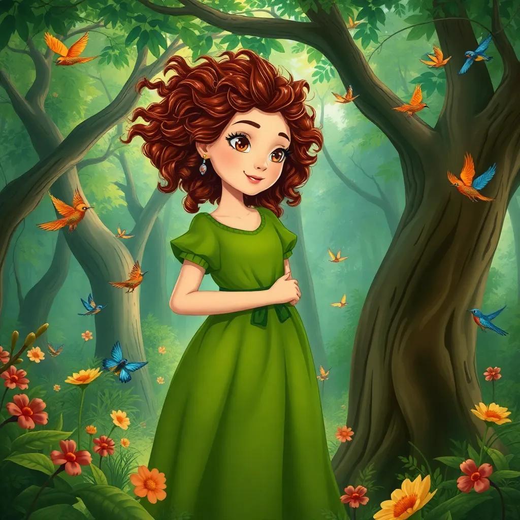 A brave girl, Mia, with wild curly hair wearing a green dress, whispering to Leo in a lush, green forest, surrounded by large trees and fluttering colorful birds, illustration, cheerful and adventurous, enchanting atmosphere, high quality