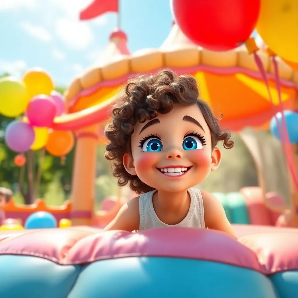A cheerful girl, Joy, with bright blue eyes and curly brown hair, discovering a magical bouncy castle in a sunlit park with colorful balloons around, vibrant digital art, cheerful atmosphere, bright colors, wide angle, high quality