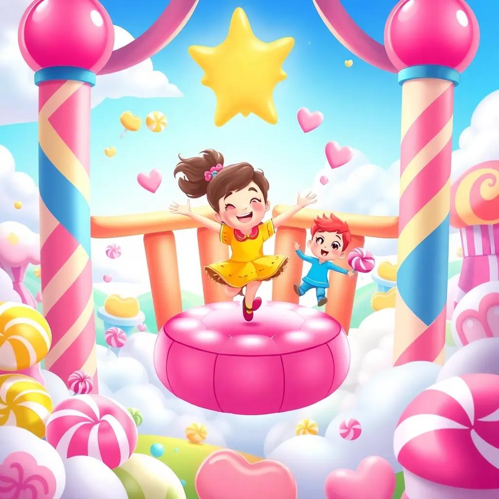 Joy bouncing in a magical bouncy castle, with her friends Mia and Leo, floating among clouds and vibrant candy landscapes in Candy Land, whimsical illustration, colorful, fun, child-friendly