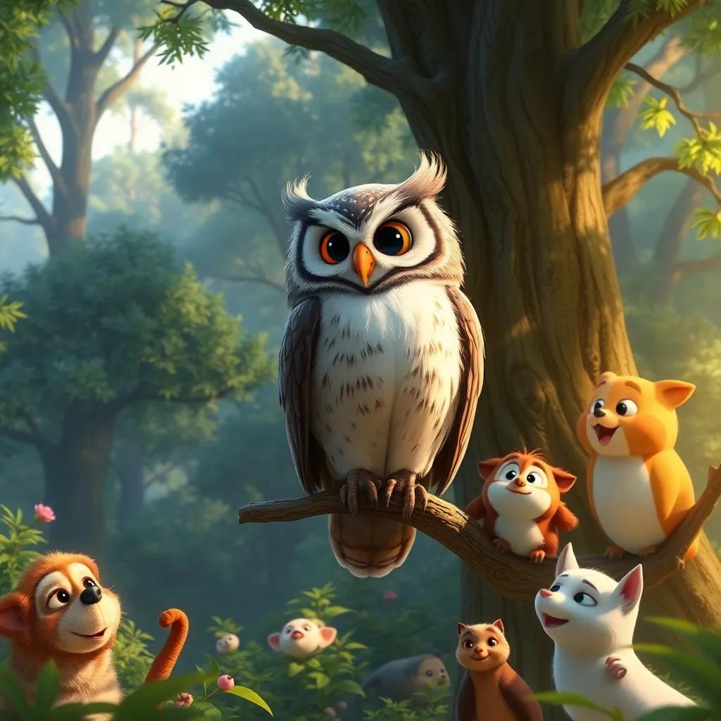 Oliver, a wise old owl, perched on a branch in a stunning forest, greeting Joy and her friends, surrounded by talking animals, enchanting digital painting, lush greenery, warm light, storybook quality