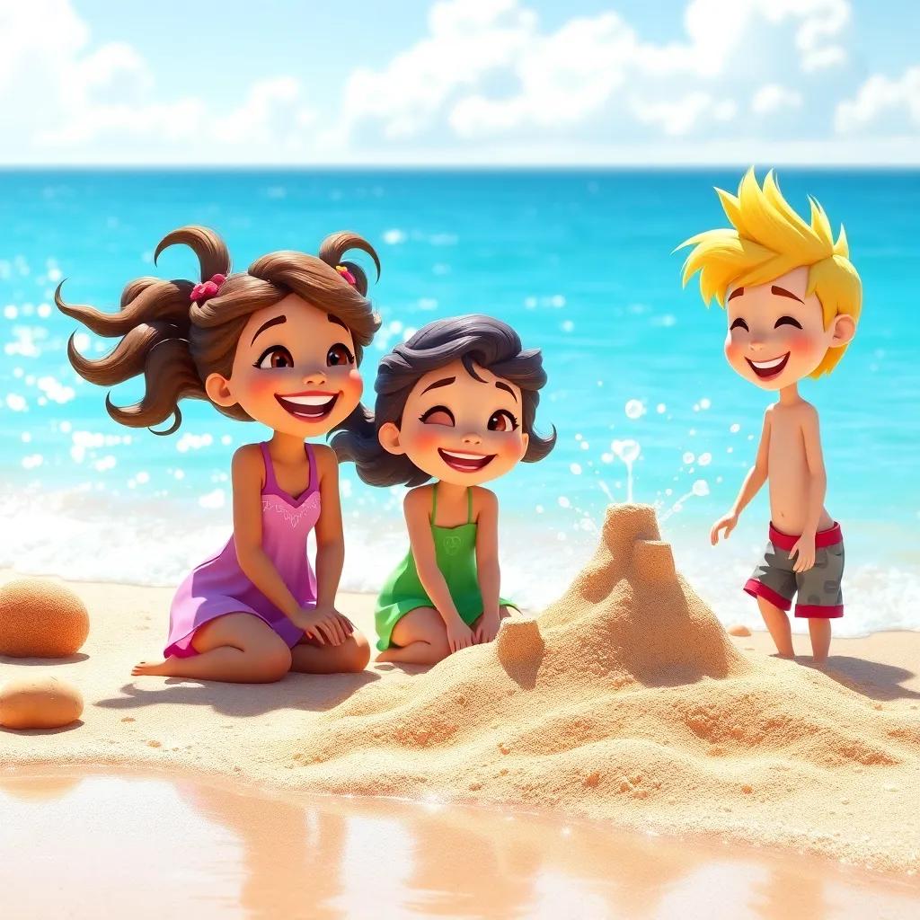 Joy and her friends building sandcastles on a sparkling beach, laughing and splashing each other with water, bright turquoise sea, cheerful, vibrant colors, summer fun atmosphere, joyful angle