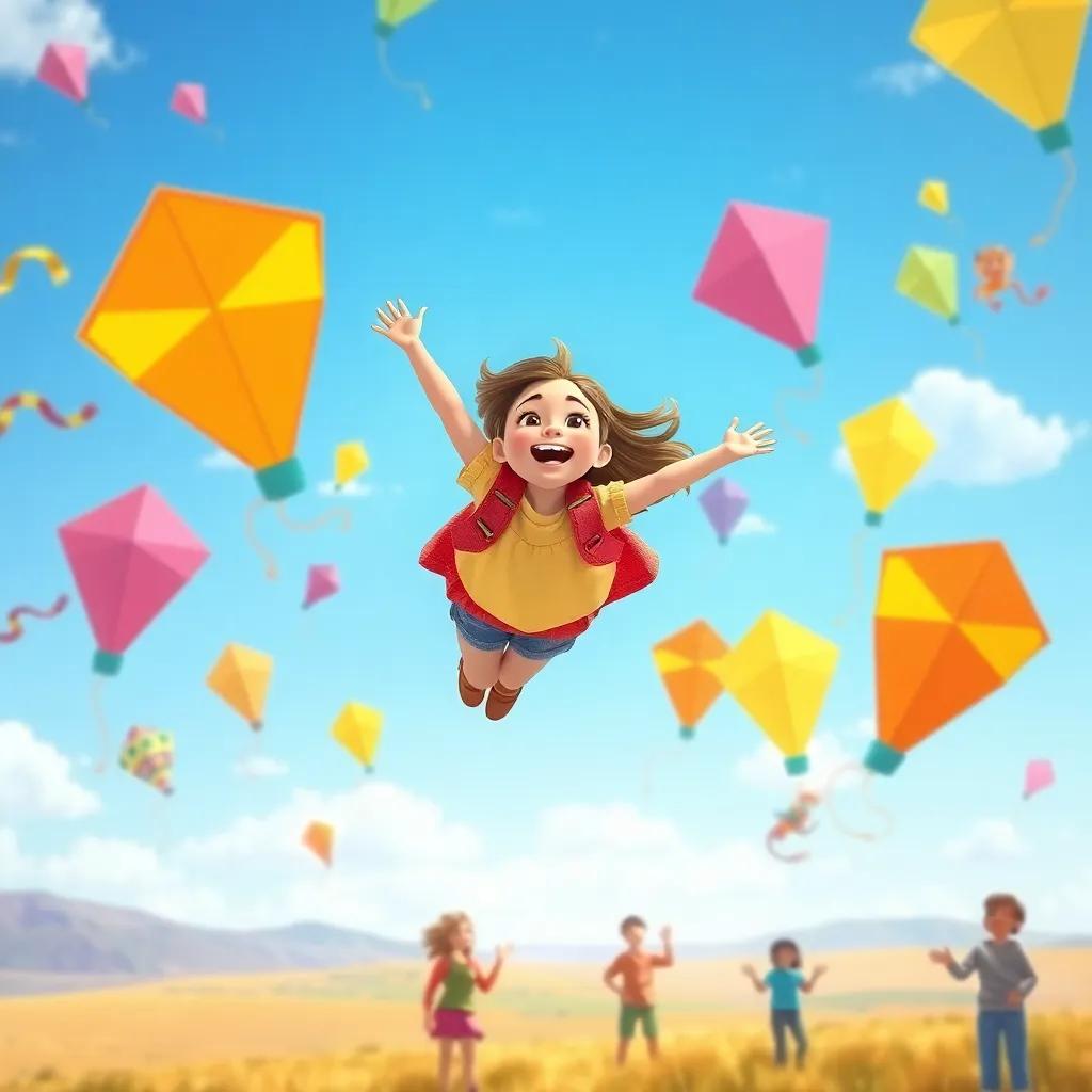 Joy flying high among colorful kites in a bright blue sky, wide open landscape below with her friends cheering her on, delightful digital illustration, uplifting colors, adventurous perspective, child-friendly