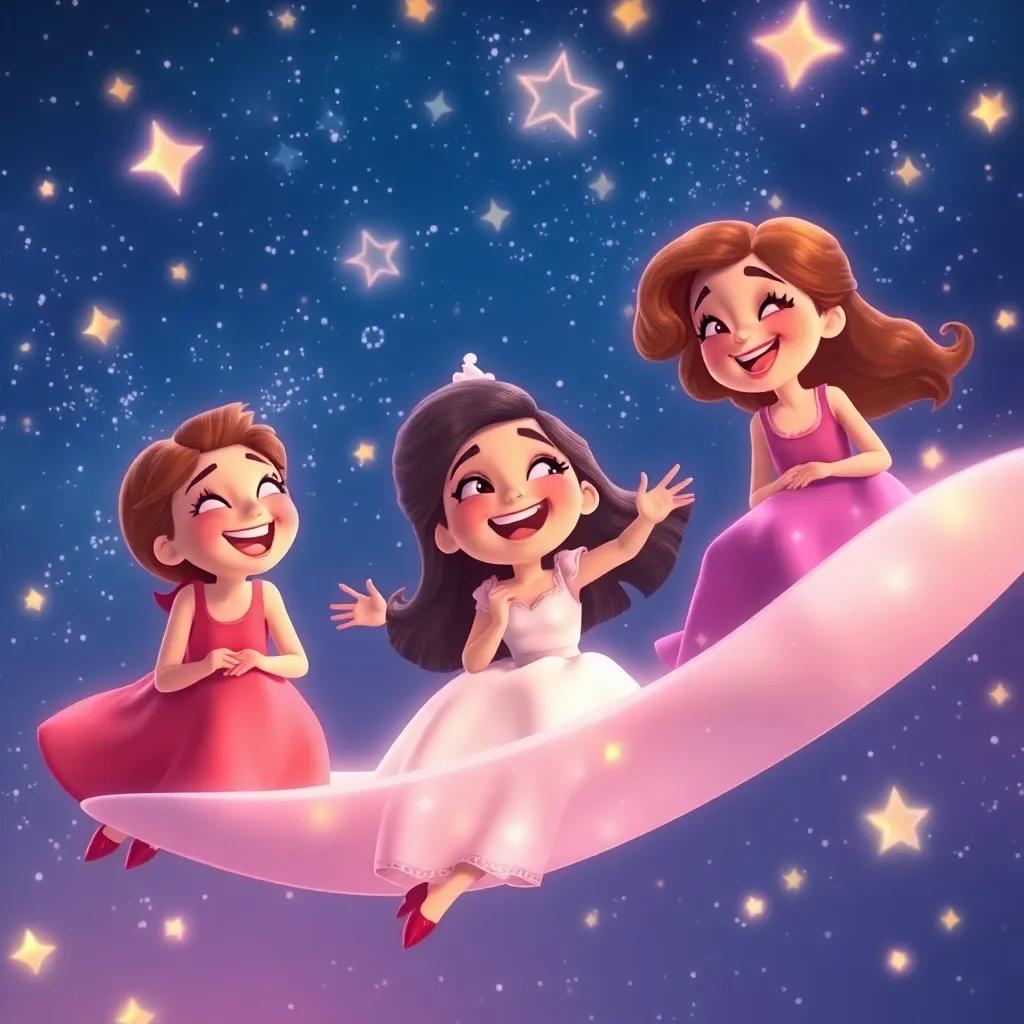 Joy and her friends floating through a magical night sky filled with twinkling stars, sharing jokes and laughter, enchanting scene, soft colors, warm light, dream-like quality