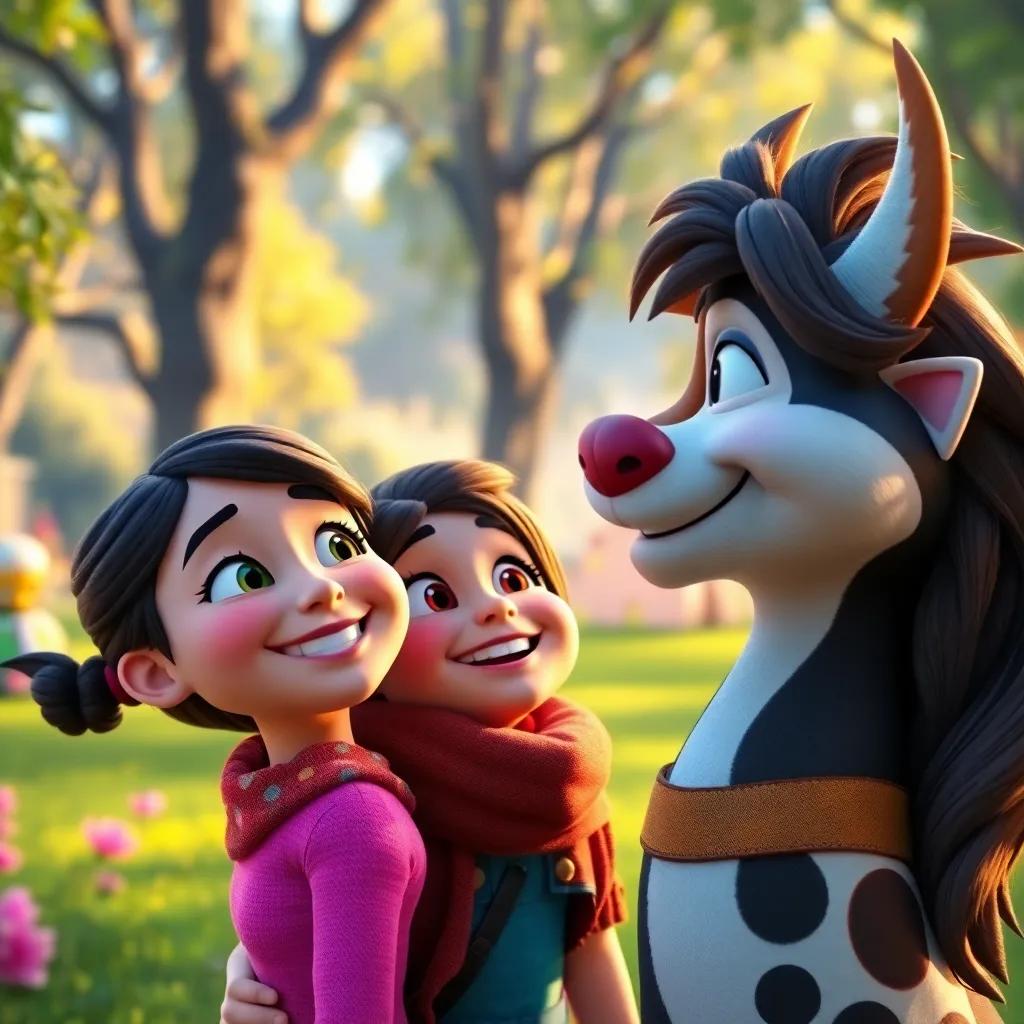 Joy, Mia, and Leo back in the park, looking at each other with joyful smiles, the magic of their adventures reflected in their eyes, vibrant and heartwarming colors, cheerful ambiance, close-up view