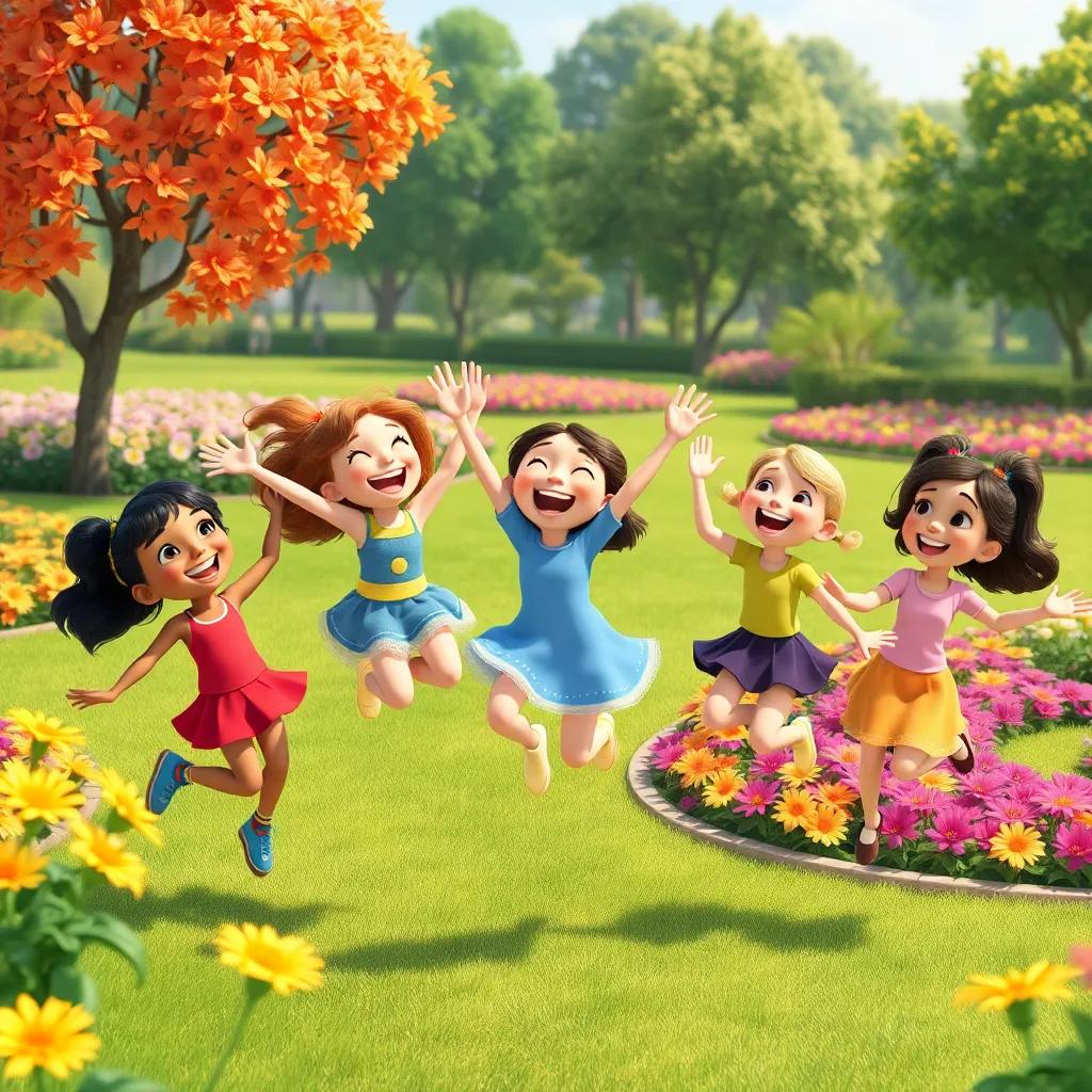 Joy and her friends bouncing around in the park, laughing and playing together, with flower gardens and trees in the background, colorful and inviting illustration, friendly atmosphere, outdoor fun