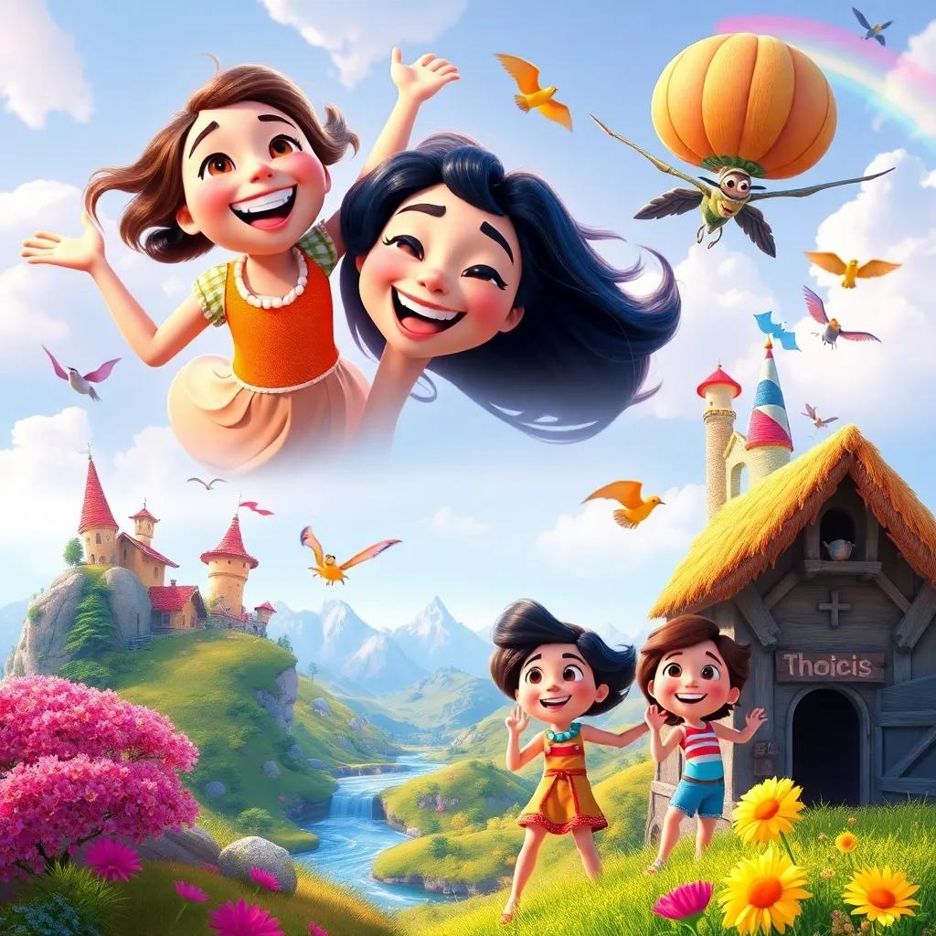 A montage of joyful adventures featuring Joy, her friends, and various magical locations, vibrant and playful, showcasing the happiness they share, lively composition, colorful landscape, imaginative digital art