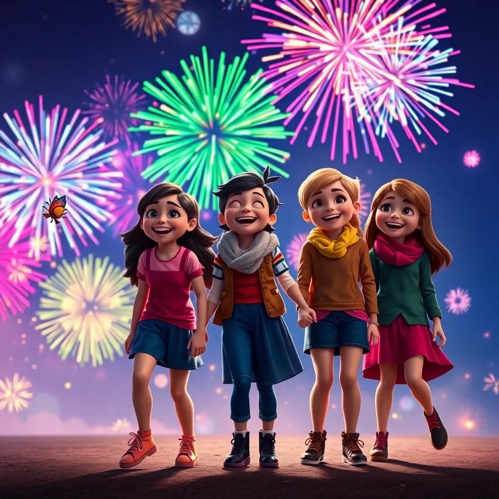 Joy and her friends with big smiles, holding hands and ready for new adventures, surrounded by bursts of colorful fireworks in a night sky, celebratory mood, joyful and dynamic imagery, captivating visual impact