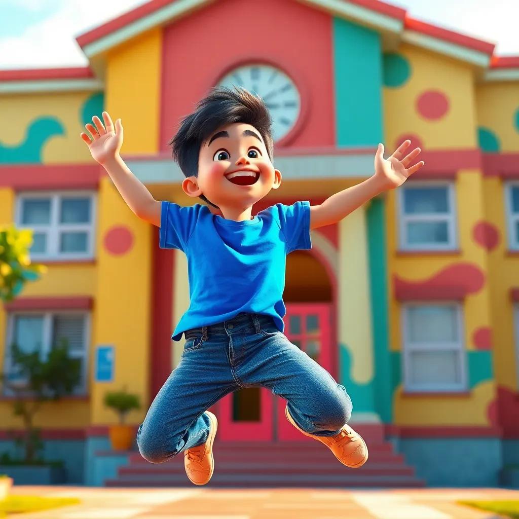 A young Hispanic boy, Juan, with short black hair, wearing a bright blue t-shirt and jeans, jumping with excitement in front of a colorful school building, warm sunlight, vibrant colors, cheerful atmosphere, high quality