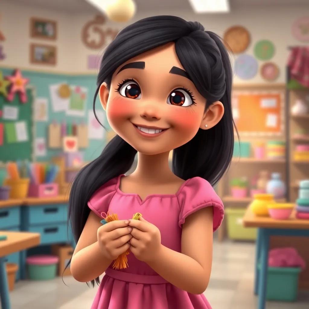A young Hispanic girl, Sofía, with long black hair in a ponytail, wearing a pink dress, holding colorful threads, smiling in a classroom filled with craft supplies, digital art, lively, engaging, warm light, colorful