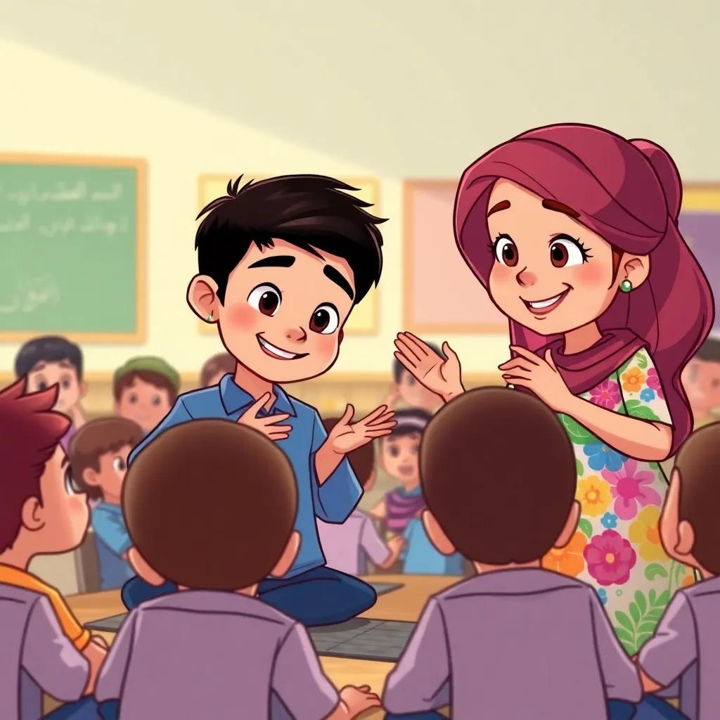 Jubeir, a young Arab boy with short black hair in a blue shirt, explaining to classmates, and Shakira, a young Arab girl with long brown hair in a colorful dress, encouraging classmates to participate, everyone practicing Prostration of Forgetfulness and Prostration of Recitation, joyful expressions, lively classroom setting, illustration, vibrant colors, engaging perspective, high quality