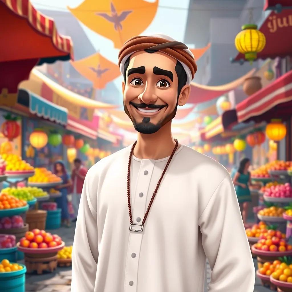 A wise man named Juha, a Middle-Eastern man in his thirties, wearing a traditional white thawb, with a cheerful smile, standing in a bustling village square filled with colorful stalls, bright fruits and happy villagers, digital art, vibrant colors, lively atmosphere, high quality