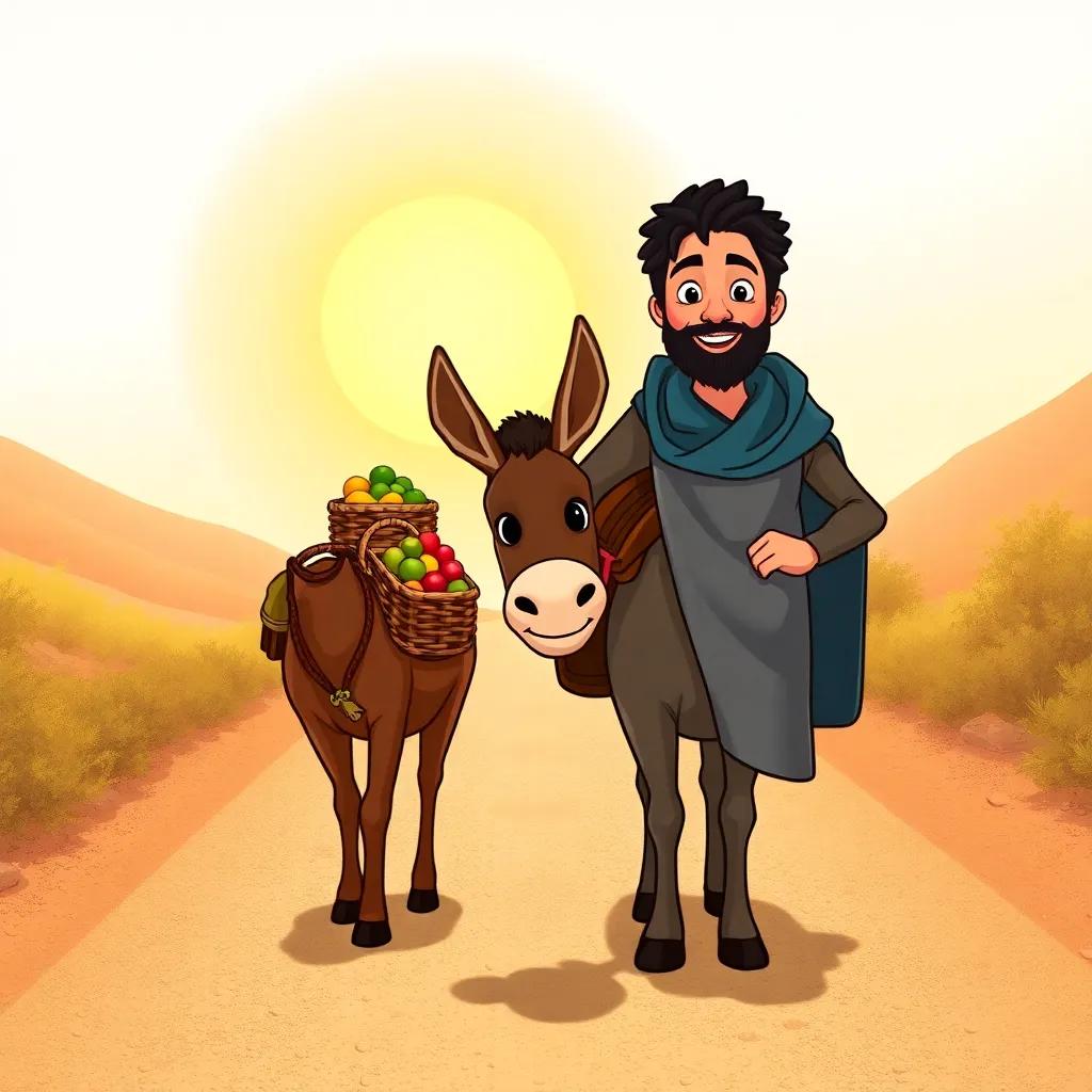 Juha with his loyal donkey, Bakar, traveling down a dusty road under a bright sun, Bakar is brown with a friendly expression, carrying baskets of fruits on his back, illustrated scene, cheerful, engaging, bright colors, high quality