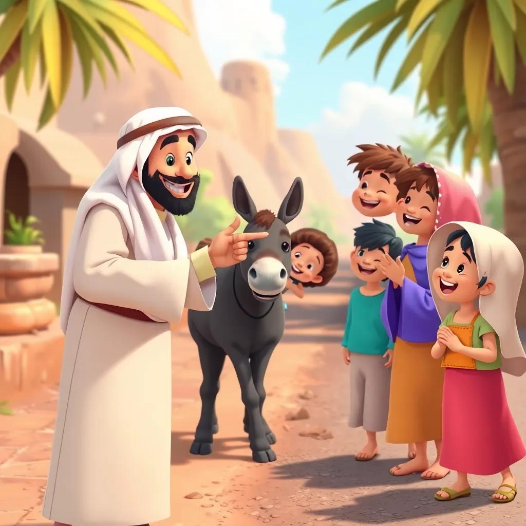 Juha meeting joyful children playing by the roadside, Juha, with a white thawb, smiling and pointing to his donkey, children, dressed in colorful clothes, laughing and cheering, cartoon style, warm colors, happy setting, high quality