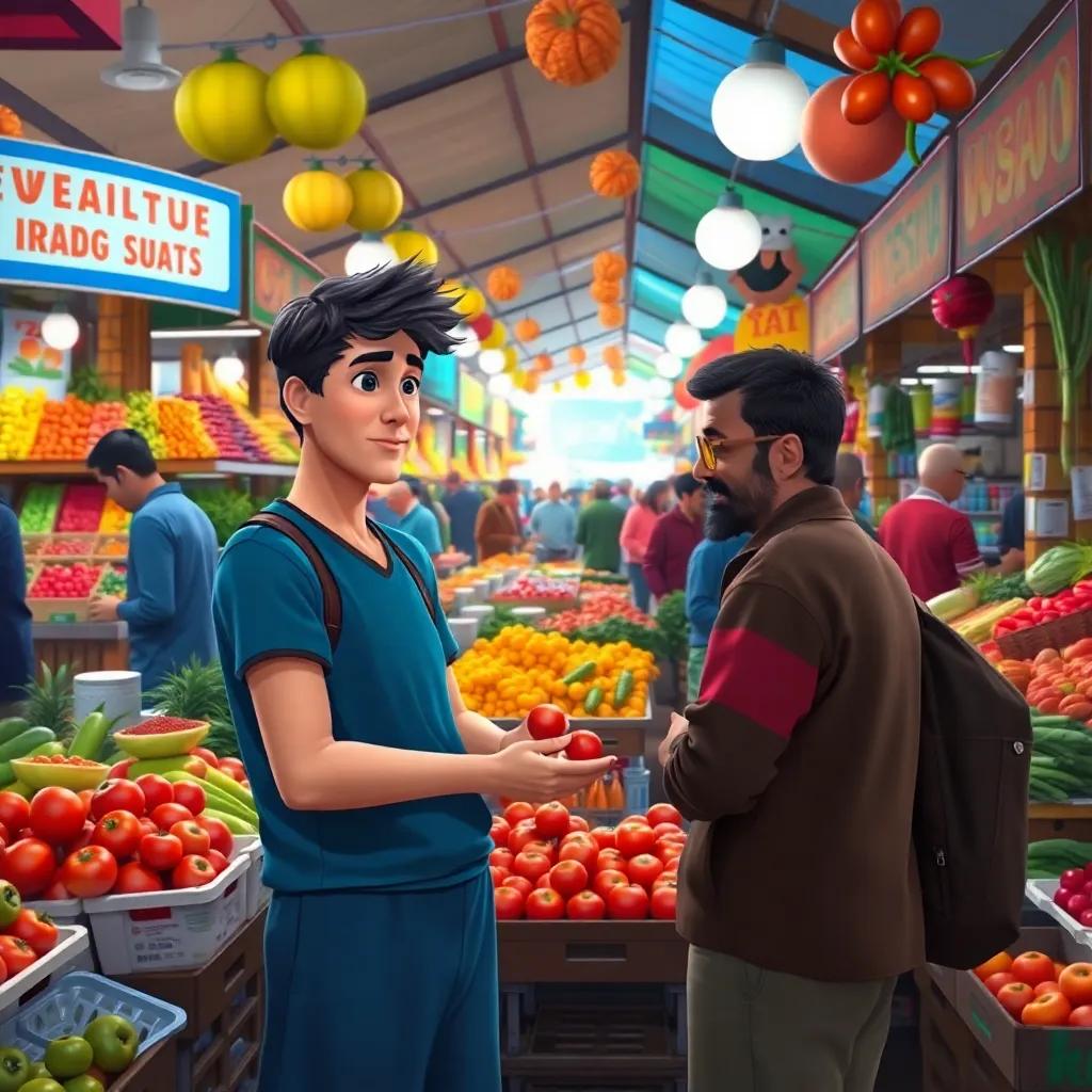 Juha at the market surrounded by vegetable vendors, colorful stalls with fresh produce and various goods, Juha is picking ripe tomatoes, Bakar waiting beside him, busy market public, lively atmosphere, bright colors, engaging scene, high quality