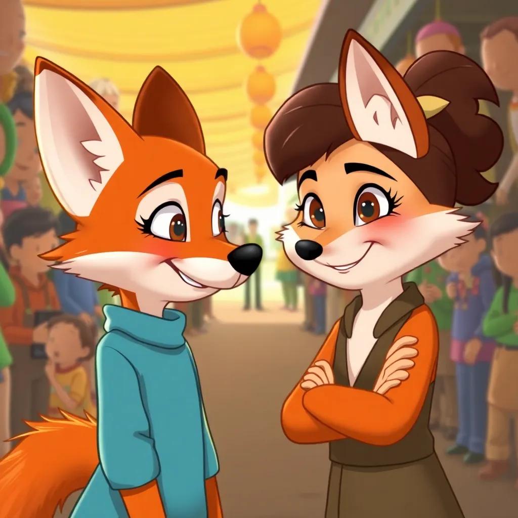 Juha and the sneaky fox facing off, the fox looking cunning, with cartoonish features, Juha smiling and raising an eyebrow with confidence, market backdrop with many curious onlookers, child-friendly art style, whimsical, colorful, high quality