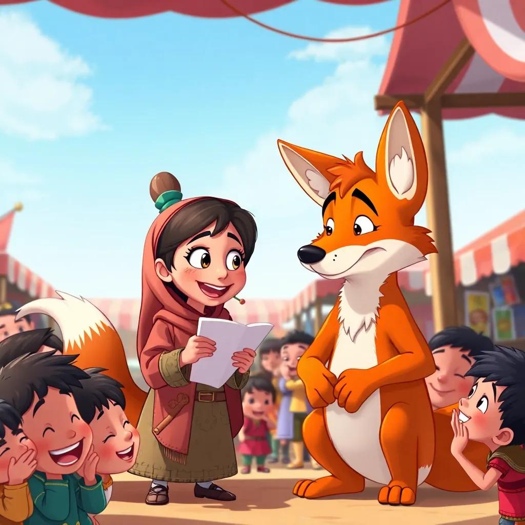 Juha presenting the riddle to the fox, both characters with exaggerated expressions, a crowd of children giggling, an outdoor market scene with stalls, fun and playful illustration, cartoon style, bright colors, engaging atmosphere, high quality