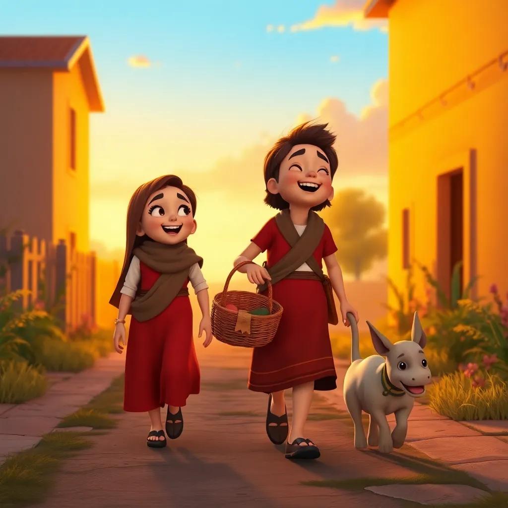 Juha and Bakar walking back home, Juha humming happily, with a basket in hand, Bakar trotting along, bright sunset lighting, color palette of warm oranges and yellows, joyful and peaceful evening view, high quality