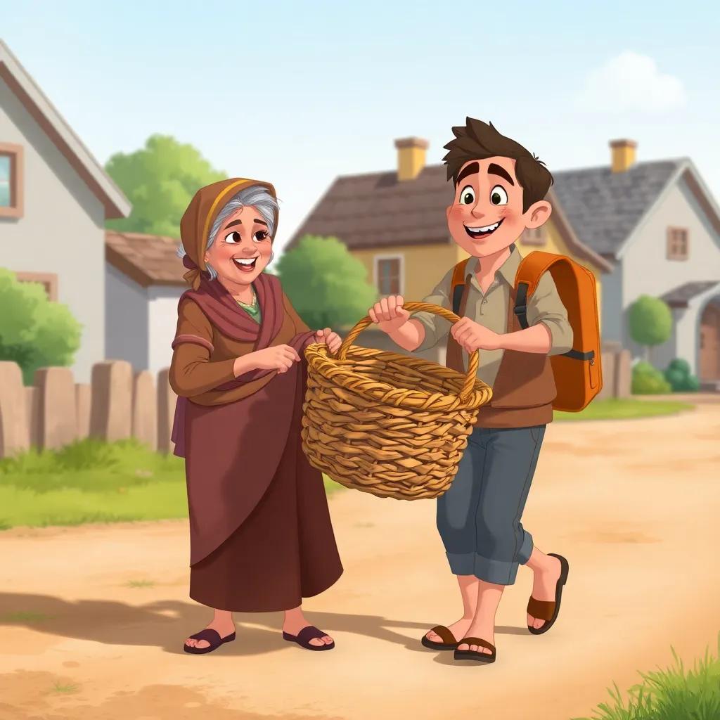 Juha helping an old woman with a heavy basket, she is smiling gratefully, Bakar carrying the basket happily, a friendly neighborhood scene with houses in the background, warm and caring atmosphere, light colors, child-friendly illustration, high quality