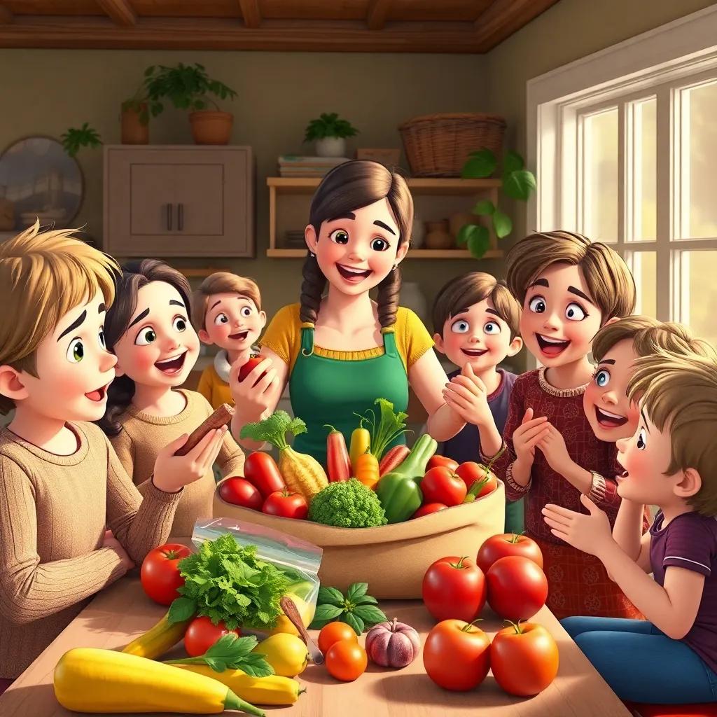 Juha hosting a gathering of friends at home, unpacking fresh fruits and vegetables, friends of various ages eagerly looking on, joyful expressions, cozy home interior, lively and engaging art style, bright colors, high quality