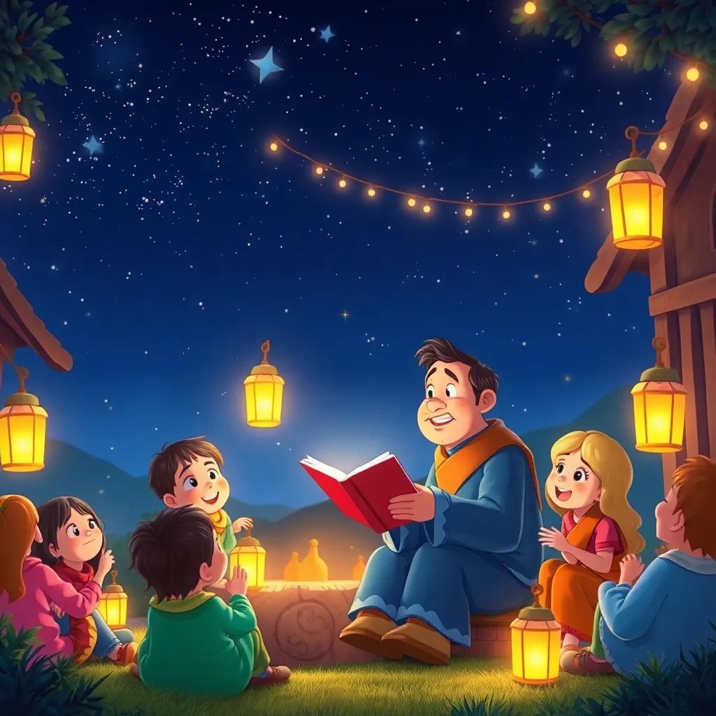 Juha telling stories at night under a starry sky, friends sitting around happily, Juha animatedly sharing funny tales with a warm glow from lanterns, magical atmosphere, colorful settings, heartwarming scene, child-friendly art style, high quality
