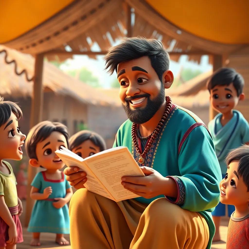 A clever man, Juha, with warm brown skin, wearing a colorful shirt and traditional loose pants, telling a story to a group of eager children in a sunny village, bright colors, cheerful atmosphere, vibrant details, high quality