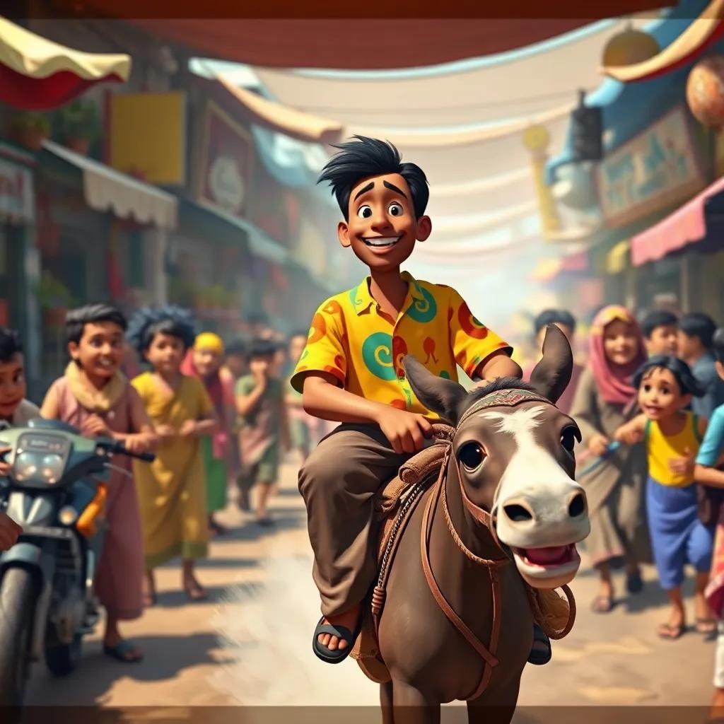 Juha, a clever man with warm brown skin, still in his colorful shirt and loose pants, riding a fast donkey through a lively market, surrounded by amazed villagers, humor-filled scene, bright colors, lively atmosphere, detailed, high quality