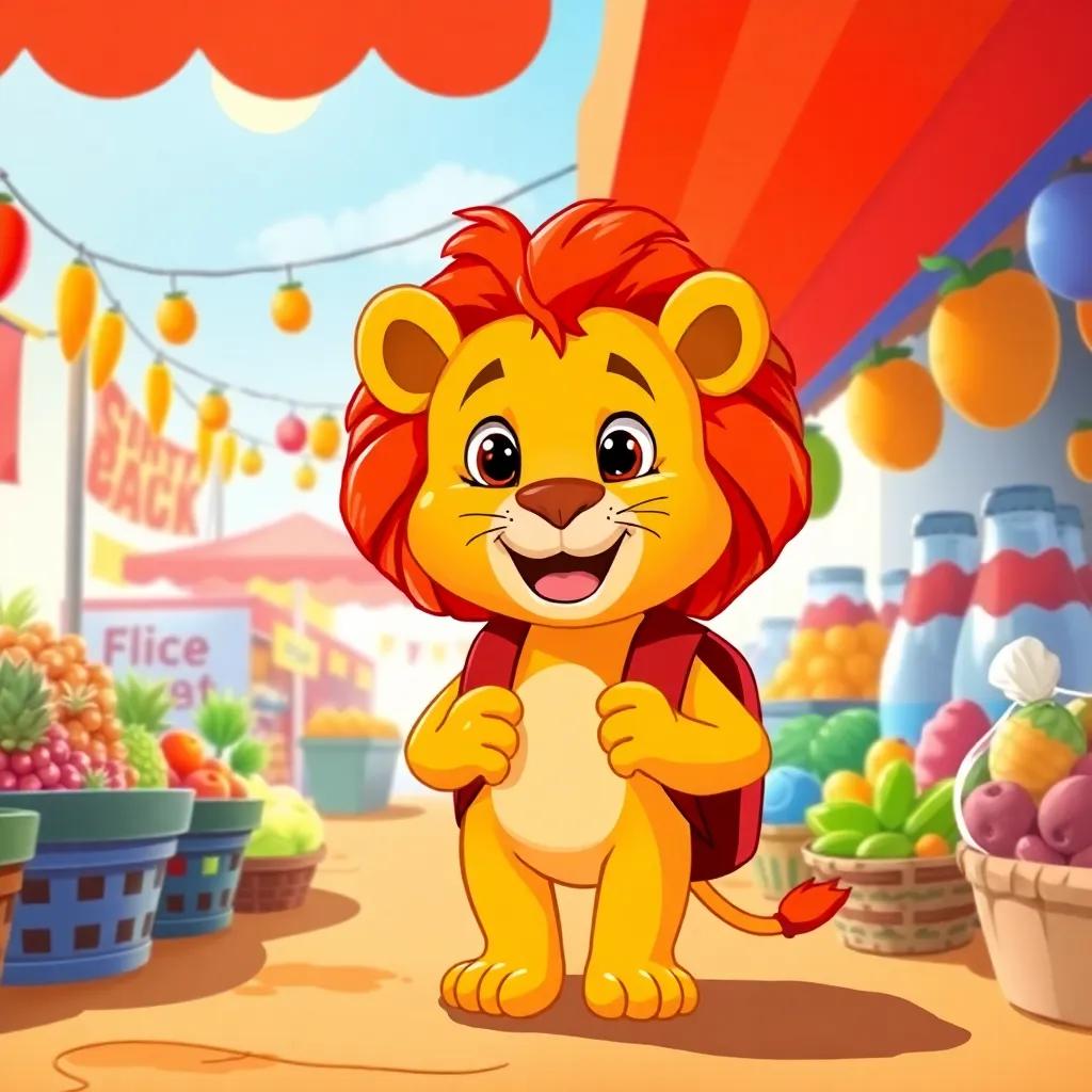A little lion, Leo, with a big smile, packing a red backpack in a sunny, colorful market, cheerful atmosphere, vibrant colors, high quality, digital art