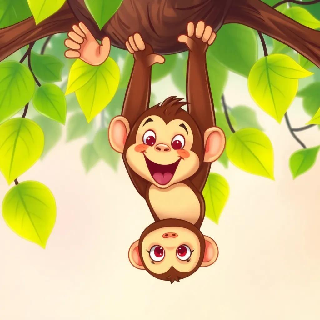 A monkey, Mia, hanging upside down from a tree, with bright green leaves around, excited and playful, colorful background, cheerful expression, high quality