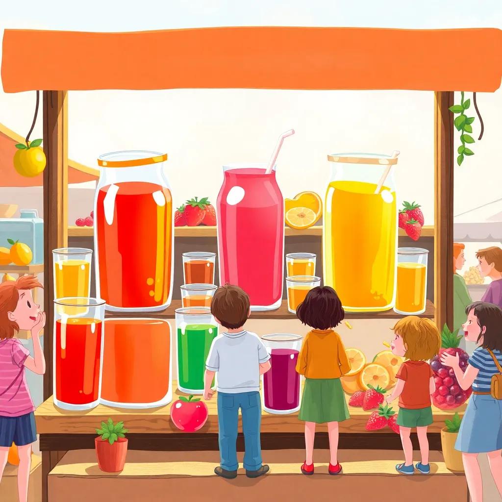 A juice stand with bright jars of orange, apple, and berry juice, lots of colors and excited customers, lively market scene, warm sunlight, vibrant art style