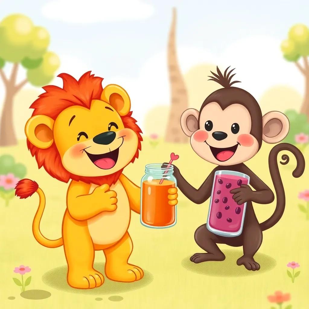 A little lion, Leo, holding a jar of orange juice, smiling with joy, next to a monkey, Mia, pointing to a jar of berry juice, cheerful park background, high quality
