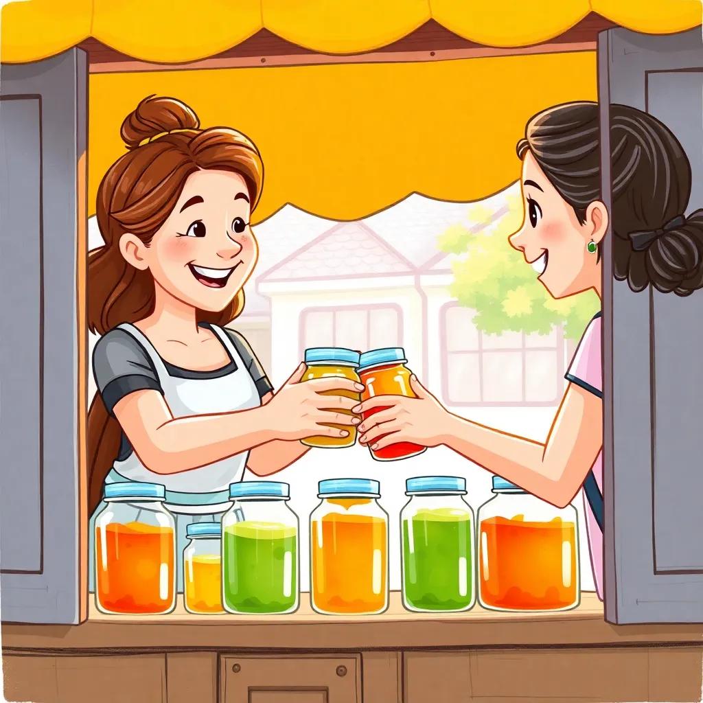 A nice lady at a juice stand smiling and handing over juice jars to Leo and Mia, joyful exchange with colorful juice jars, sunny day, bright colors, detailed imagery