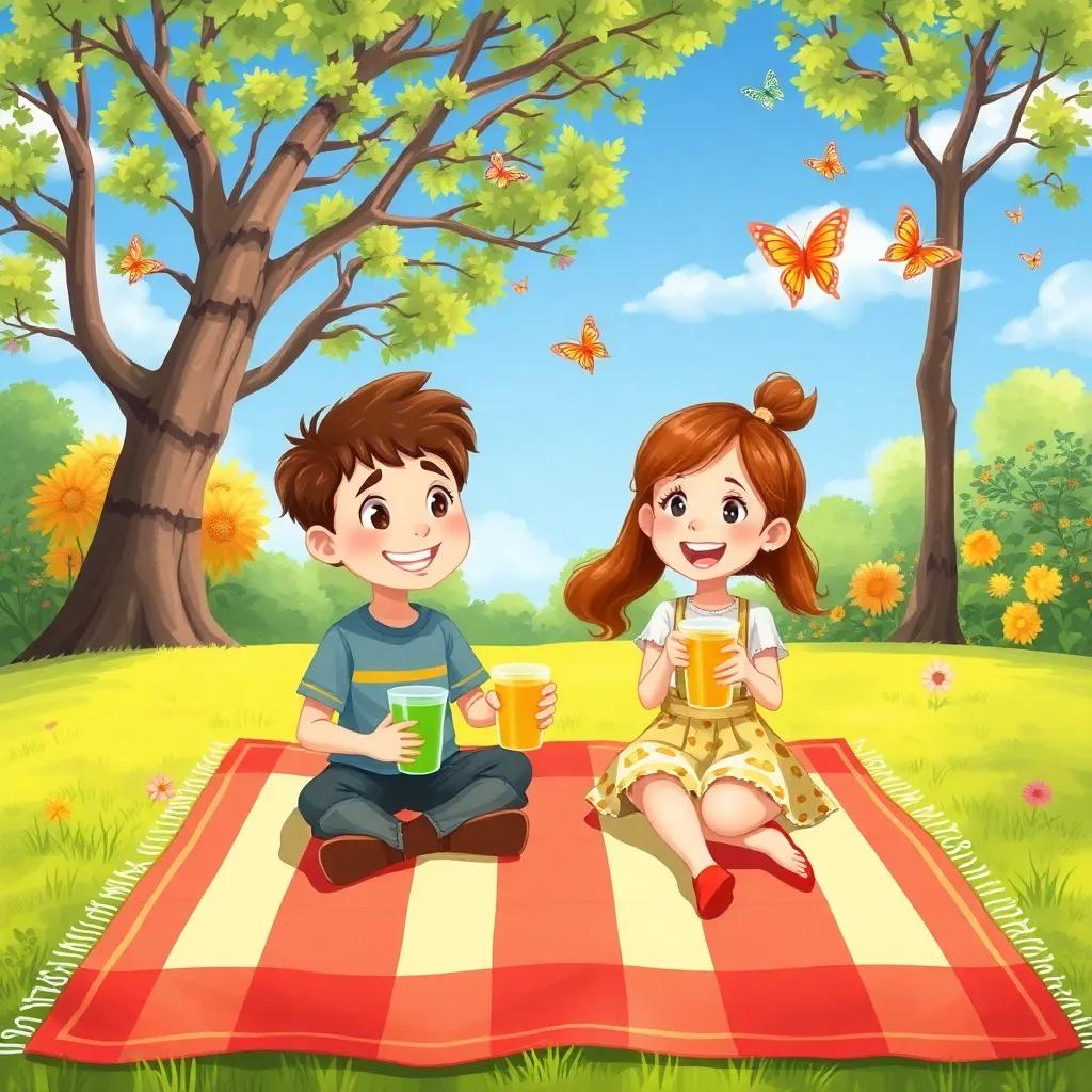 A bright sunny park with a big blanket spread out, Leo and Mia sitting happily, juice cups in hand, butterflies flying around, vibrant colors, joyful atmosphere, high quality