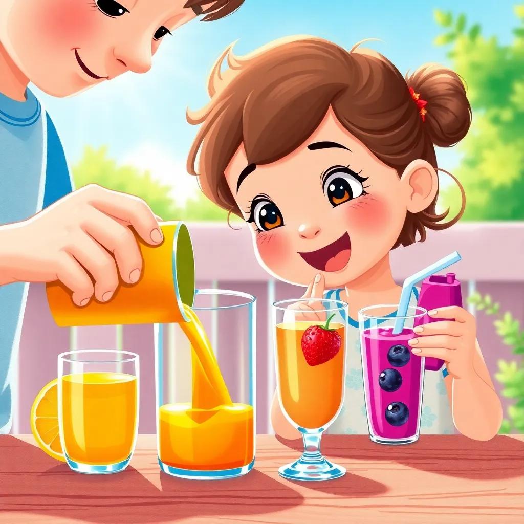 A close-up of Leo pouring orange juice into his cup, while Mia watches excitedly holding her berry juice, colorful cups, bright sunshine, detailed art
