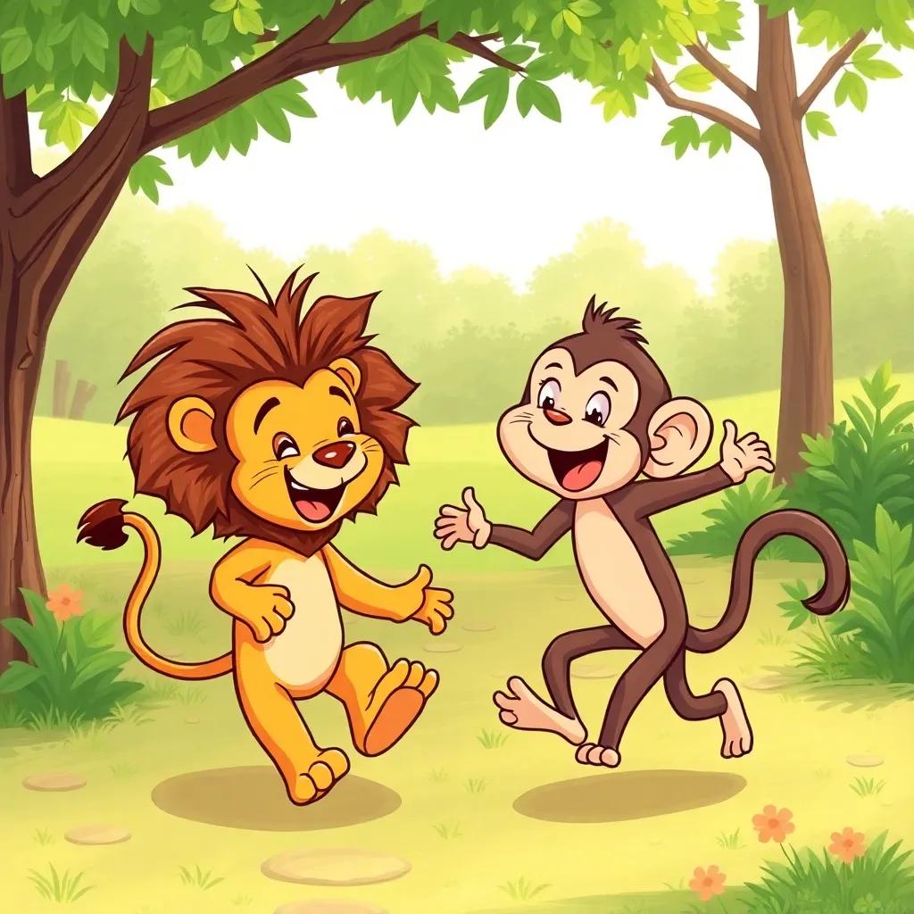 A little lion and a monkey playing in a sunny park, chasing each other around with laughter, joyful expressions, lush greenery, vibrant colors, high quality