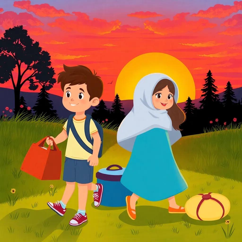 A colorful sunset in the background as Leo and Mia pack up their things, still filled with joy from the day, warm colors, friendly atmosphere, high quality, digital art