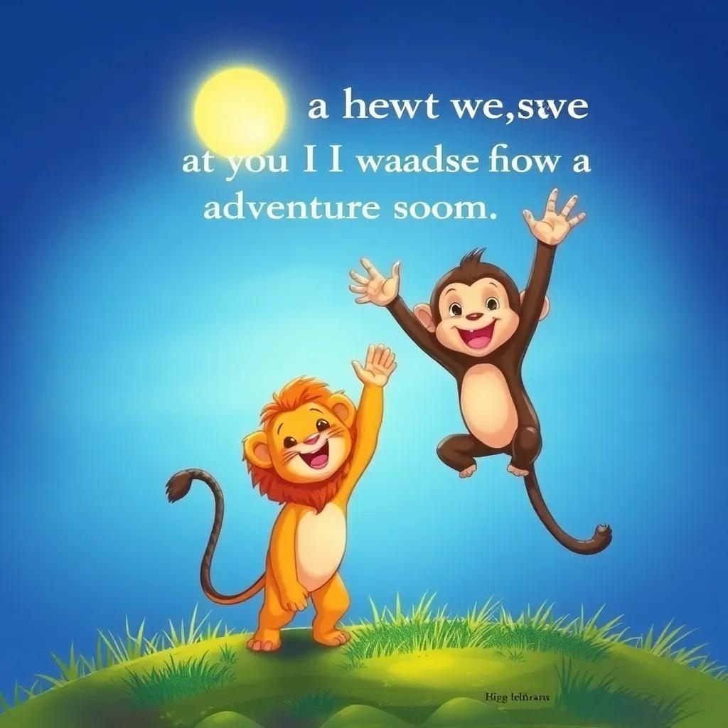A little lion and monkey waving goodbye to each other under a glowing sky, excited expressions, a promise of a new adventure soon, bright colors, highly detailed art