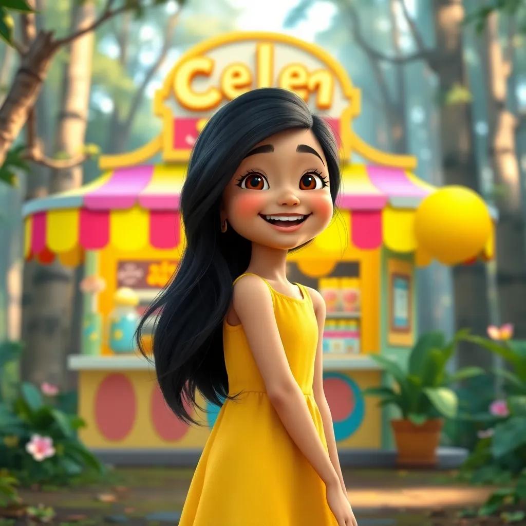 Julieta, a young Hispanic girl with long black hair wearing a bright yellow dress, standing in front of a colorful ice cream shop in the forest, excited and smiling, digital art, vibrant colors, cheerful atmosphere, high quality