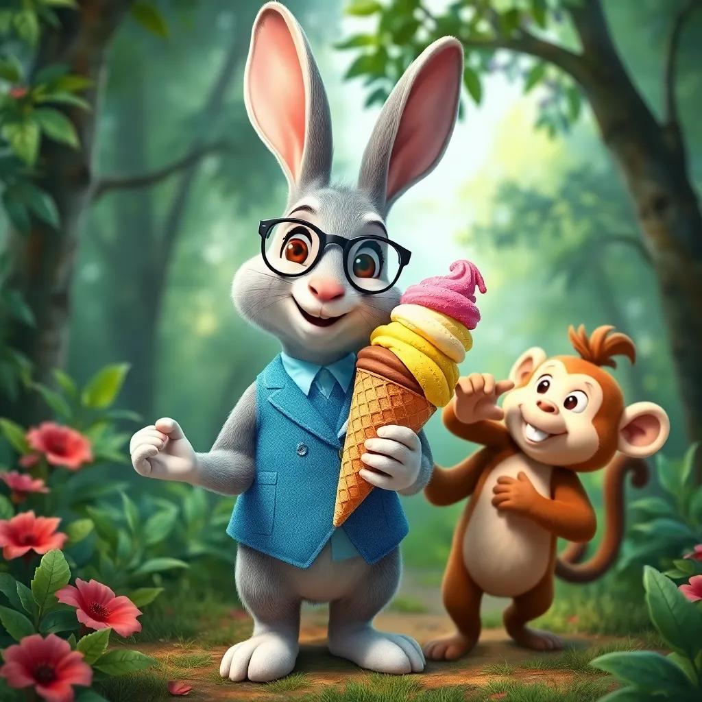 A friendly rabbit, Sr. Conejo, wearing a small blue waistcoat and glasses, holding a large ice cream cone with various flavors, welcoming Julieta and her monkey friend, in a lush green forest, cute and inviting, colorful, happy