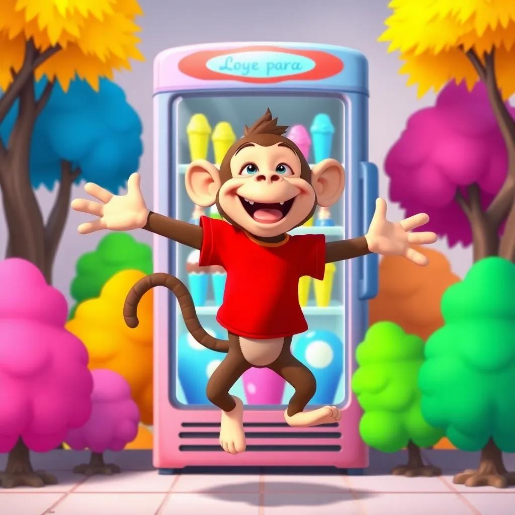 A cheerful monkey, wearing a red t-shirt, jumping with joy in front of a colorful refrigerator full of different flavored ice creams, surrounded by colorful trees, playful atmosphere, fun, cartoon-style