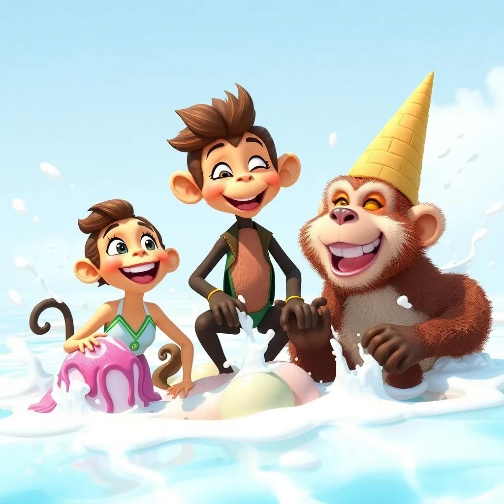 Julieta, the monkey, and Sr. Conejo playing in a big pool of melted ice cream, splashes everywhere, all laughing and enjoying themselves, sunny day, lively scene, bright colors, whimsical