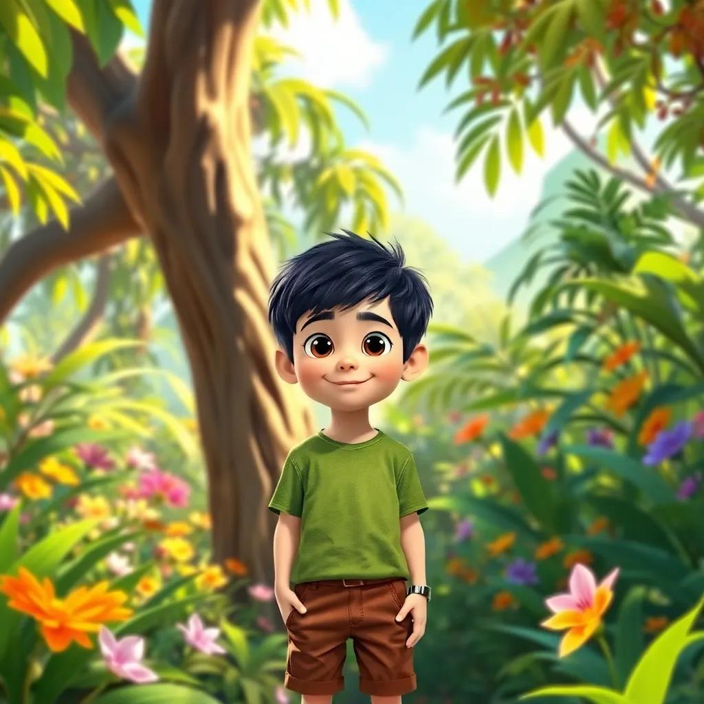 Leo, a young boy with short black hair, wearing a green t-shirt and brown shorts, standing under a tall tree in a vibrant jungle with colorful flowers and green leaves, cheerful atmosphere, digital art, bright and lively colors, high quality