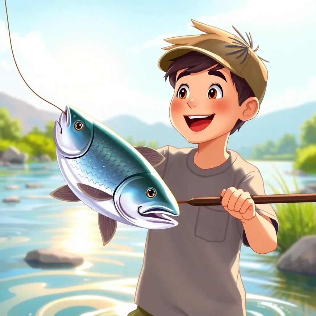 Justin catching a shiny silver fish on his fishing line, looking excited and happy, vibrant river scenery, bright sun shining, joyful moment, detailed illustration, child-friendly