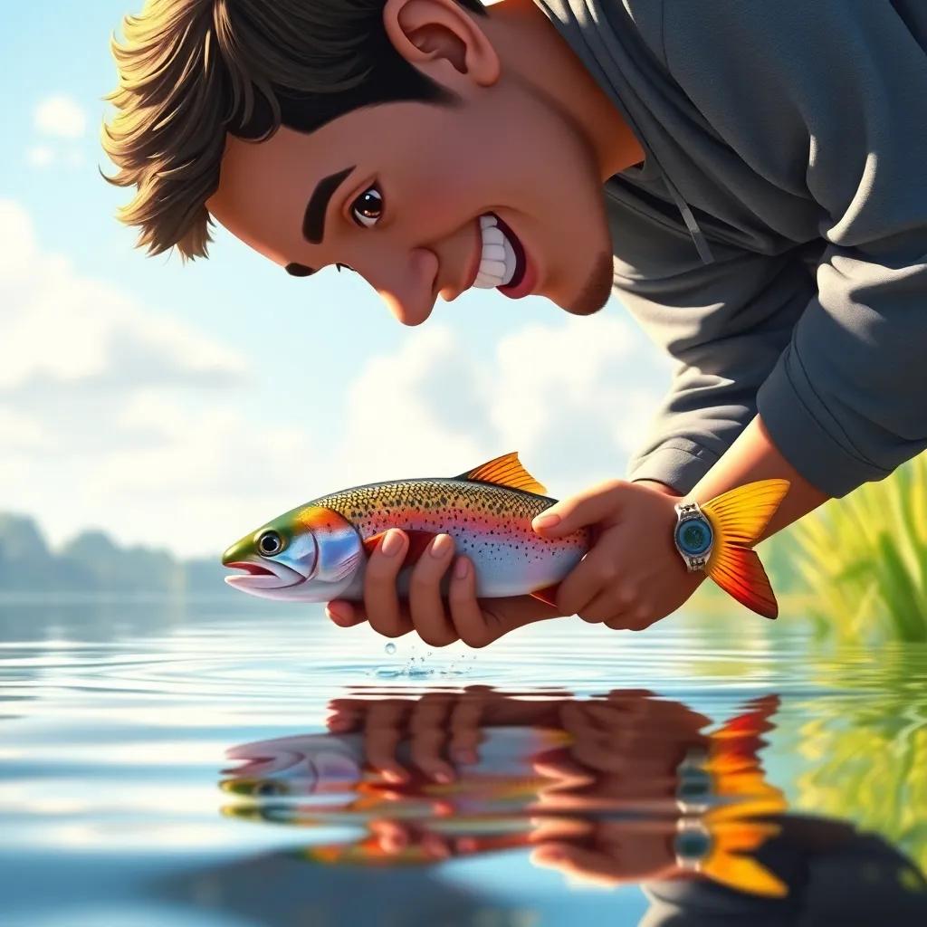 Justin releasing the fish back into the water, smiling down at it with respect, the fish swimming away, beautiful reflection on the water, nature setting, uplifting colors, heartwarming