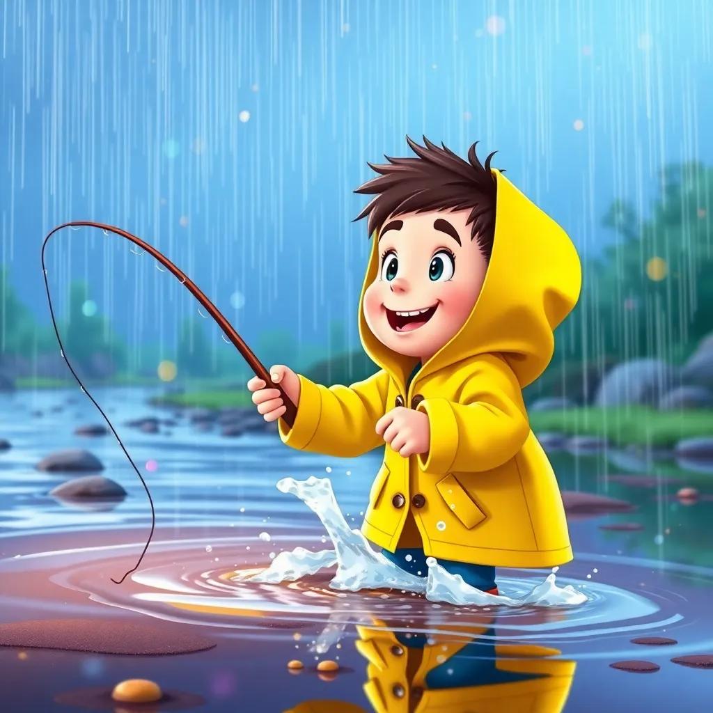 Justin in a bright yellow raincoat fishing in the rain, splashing in puddles with a playful expression, a lively river, colorful raindrops, animated, joyful atmosphere, high quality