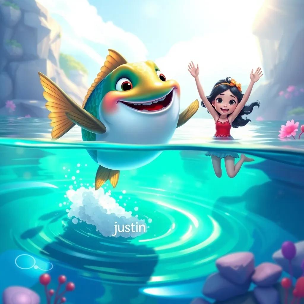 A big fish jumping out of the water in a playful dance, Justin and Mia cheering in the background, magical and enchanting scenery, vibrant colors, fantasy feel, child-friendly illustration